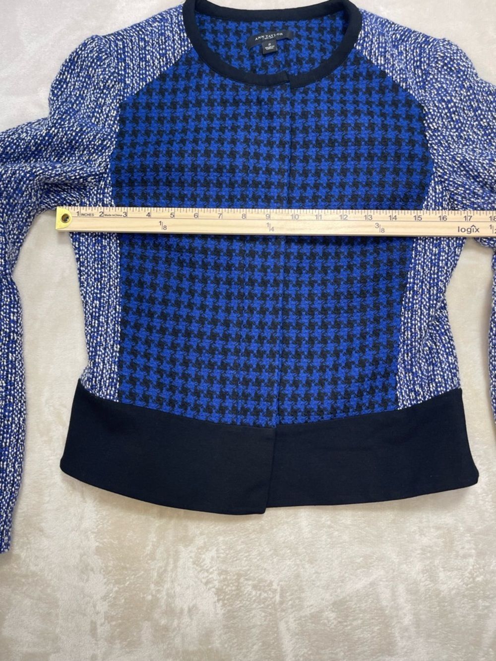 Ann Taylor Blue Houndstooth Tweed Crop Jacket Blazer Size 2 - Picture 5 of 6